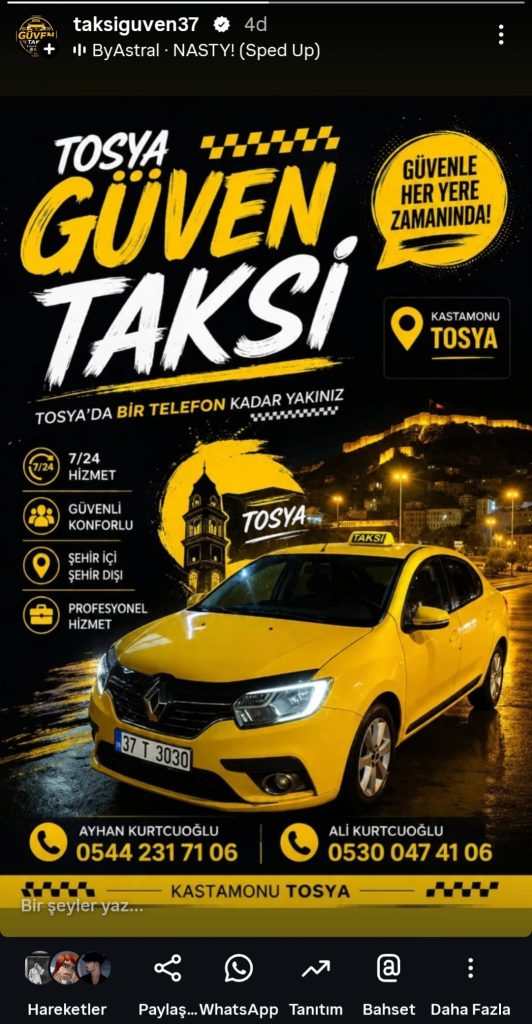 Tosya Taksici iletişim – Tosya taksi telefonu 0544 231 71 06